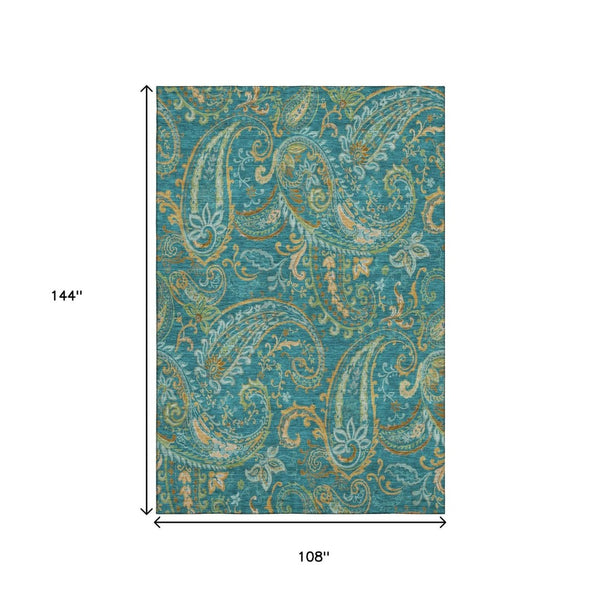 HomeRoots 9' X 12' Teal Green and Gold Paisley Washable Area Rug - Stain Resistant, UV Protected, Durable Style 648009