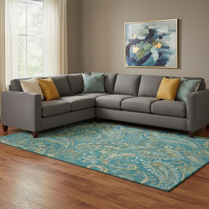HomeRoots 9' X 12' Teal Green and Gold Paisley Washable Area Rug - Stain Resistant, UV Protected, Durable Style 648009