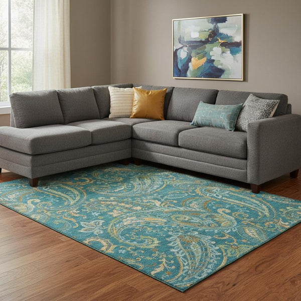 HomeRoots 9' X 12' Teal Green and Gold Paisley Washable Area Rug - Stain Resistant, UV Protected, Durable Style 648009
