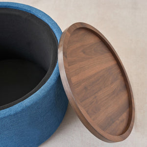 English Elm Ball Cast Round Nesting Ottoman Set Linen Upholstered Hidden Storage with Wooden Tray Blue W3163P379374