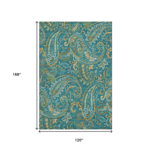 HomeRoots 10' X 14' Teal Green and Gold Paisley Area Rug – Washable, UV-Protected, Stain-Resistant Comfort! 648010