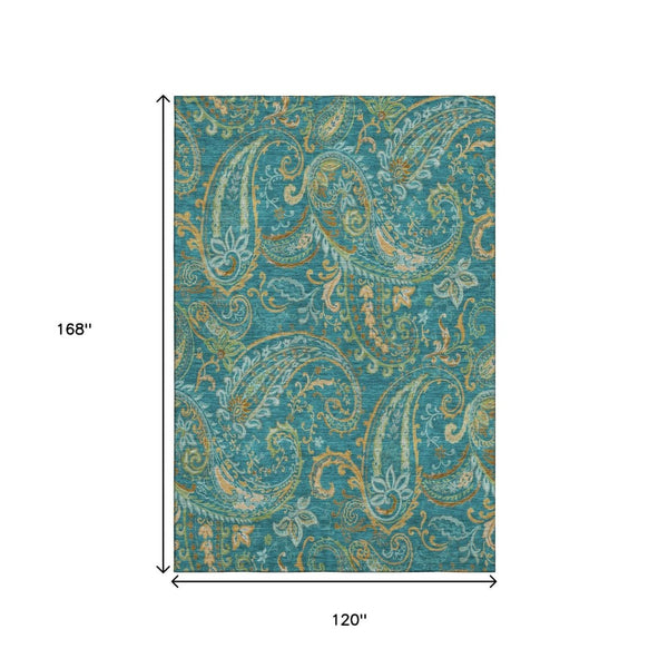HomeRoots 10' X 14' Teal Green and Gold Paisley Area Rug – Washable, UV-Protected, Stain-Resistant Comfort! 648010