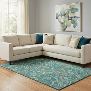 HomeRoots 10' X 14' Teal Green and Gold Paisley Area Rug – Washable, UV-Protected, Stain-Resistant Comfort! 648010