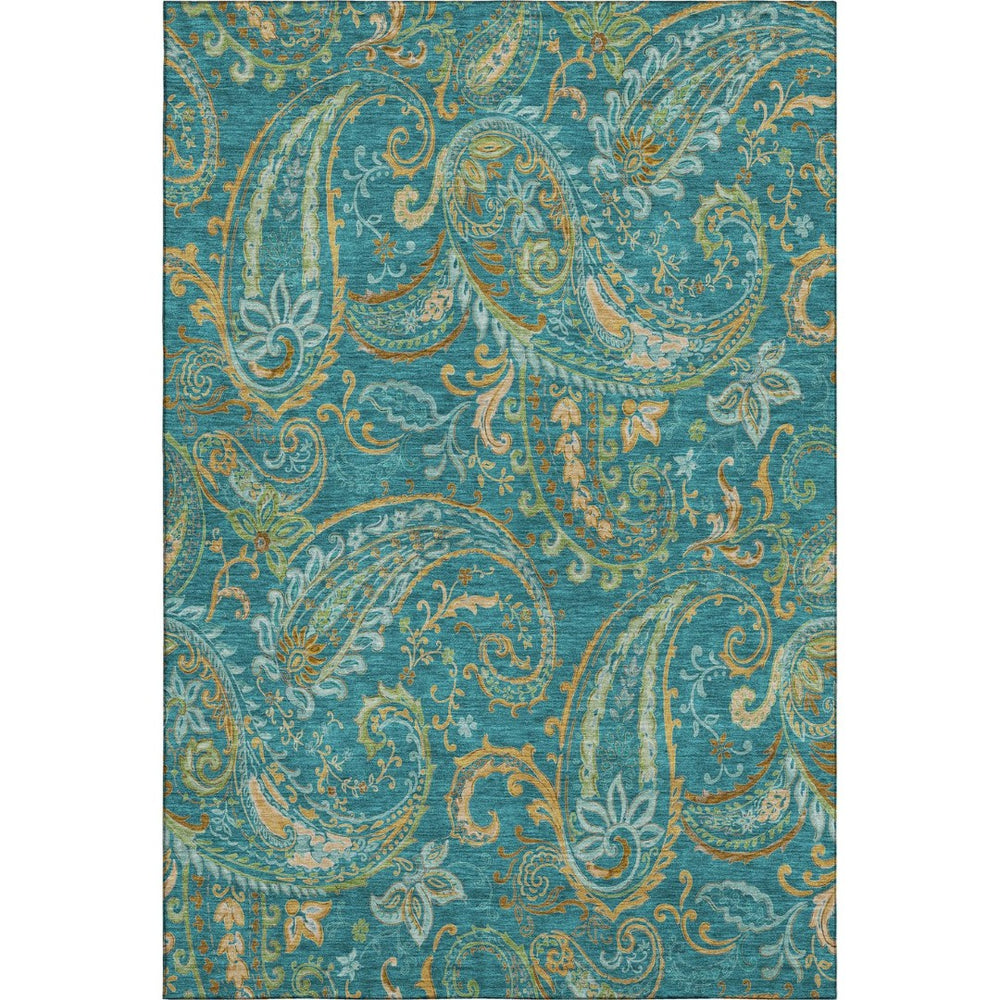 HomeRoots 10' X 14' Teal Green and Gold Paisley Area Rug – Washable, UV-Protected, Stain-Resistant Comfort! 648010