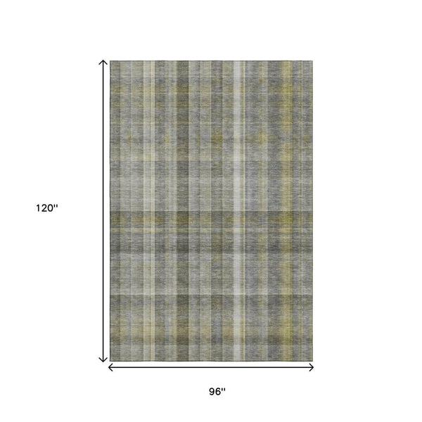 HomeRoots 8' X 10' Stylish Gray and Gold Plaid Washable Area Rug with Stain Resistance and UV Protection 648014