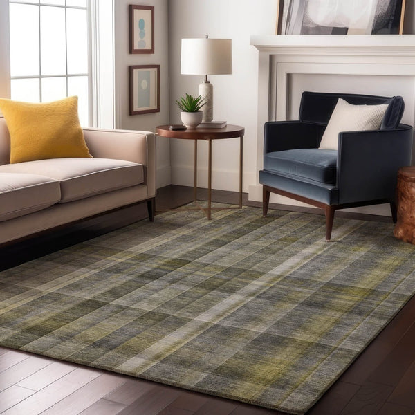 HomeRoots 8' X 10' Stylish Gray and Gold Plaid Washable Area Rug with Stain Resistance and UV Protection 648014