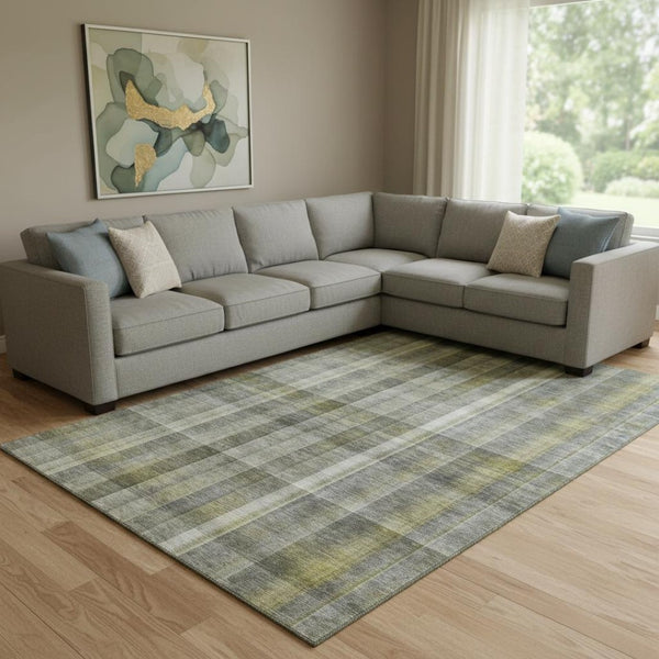 HomeRoots 9' X 12' Gray And Gold Plaid Washable Area Rug - Stain Resistant, UV Protected, Easy-Care Design 648015
