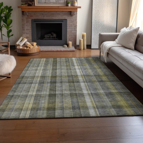 HomeRoots 9' X 12' Gray And Gold Plaid Washable Area Rug - Stain Resistant, UV Protected, Easy-Care Design 648015