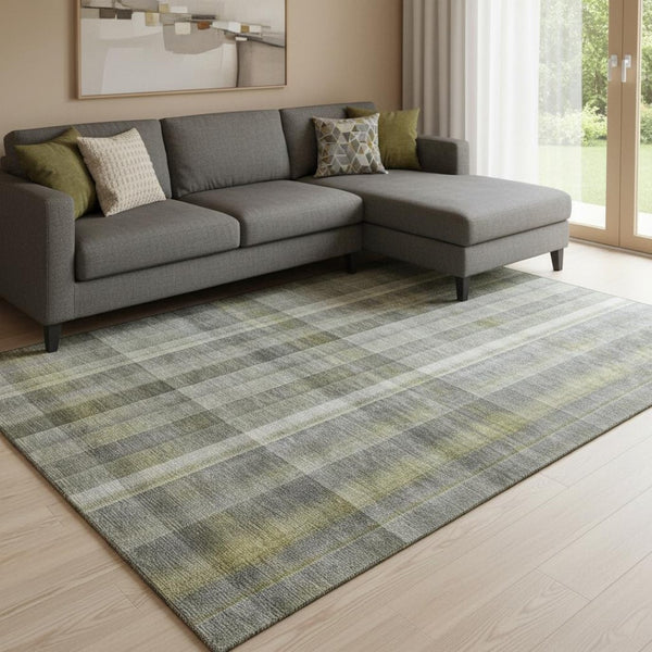 HomeRoots 10' X 14' Gray and Gold Plaid Washable Area Rug – Stylish, Durable, UV-Protected for High-Traffic Spaces 648016