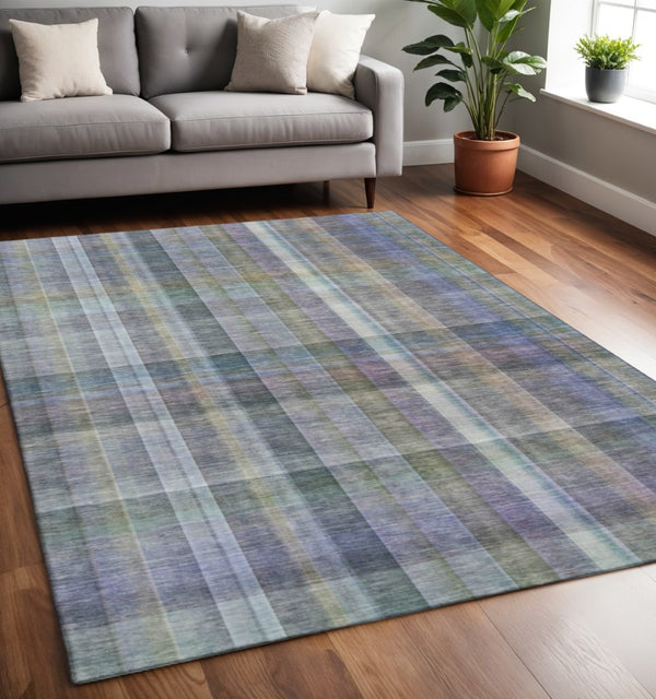 HomeRoots 5' X 8' Green and Purple Plaid Washable Area Rug – Durable, Stain-Resistant with UV Protection! 648018