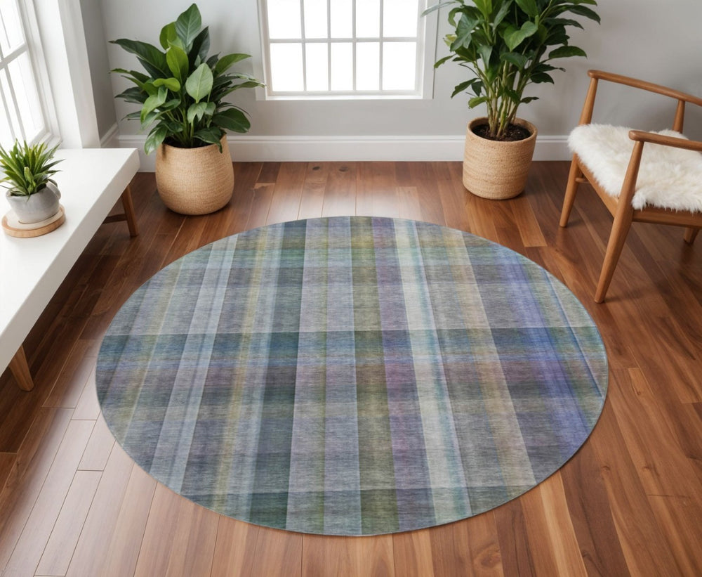HomeRoots 8' Green and Purple Plaid Rug - Washable, UV-Protected, Stain-Resistant for Indoor and Outdoor Use 648019