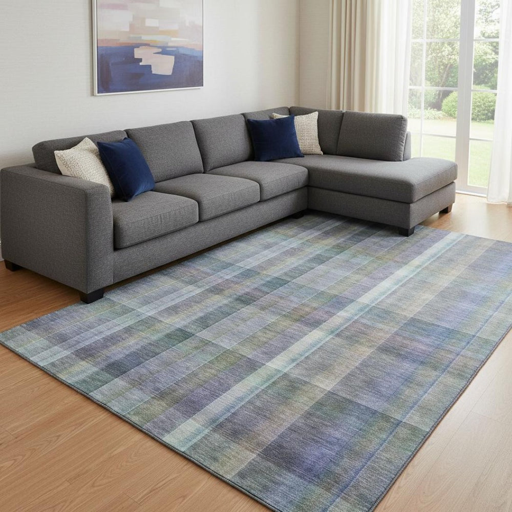 HomeRoots 9' X 12' Green And Purple Plaid Area Rug - Washable, UV Protected, Stain-Resistant & Family-Friendly 648021