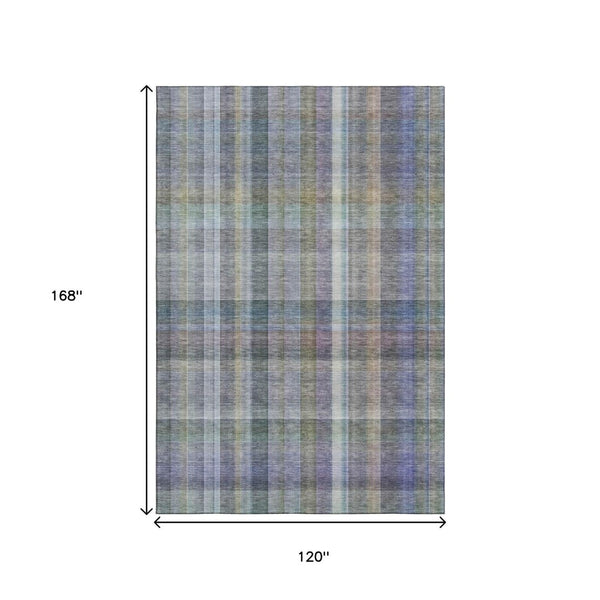 HomeRoots 10' X 14' Green and Purple Plaid Area Rug - Washable, UV Protected, Durable for High-Traffic Spaces 648022
