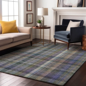 HomeRoots 10' X 14' Green and Purple Plaid Area Rug - Washable, UV Protected, Durable for High-Traffic Spaces 648022