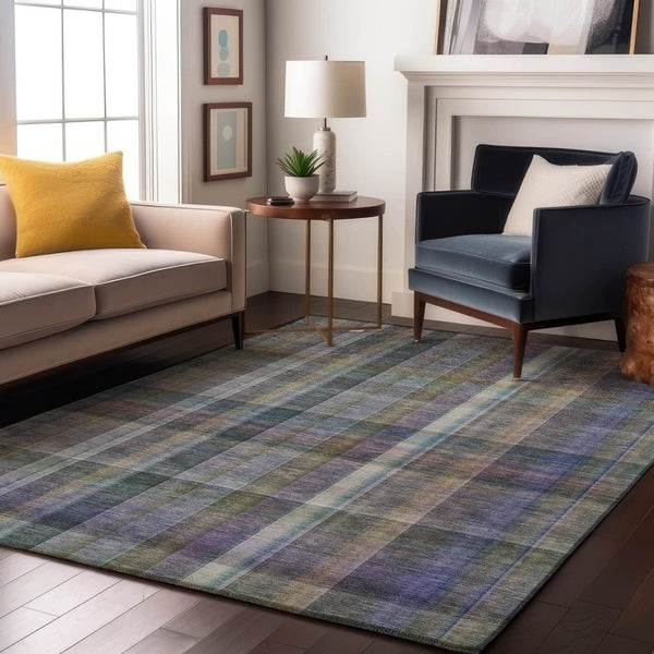 HomeRoots 10' X 14' Green and Purple Plaid Area Rug - Washable, UV Protected, Durable for High-Traffic Spaces 648022