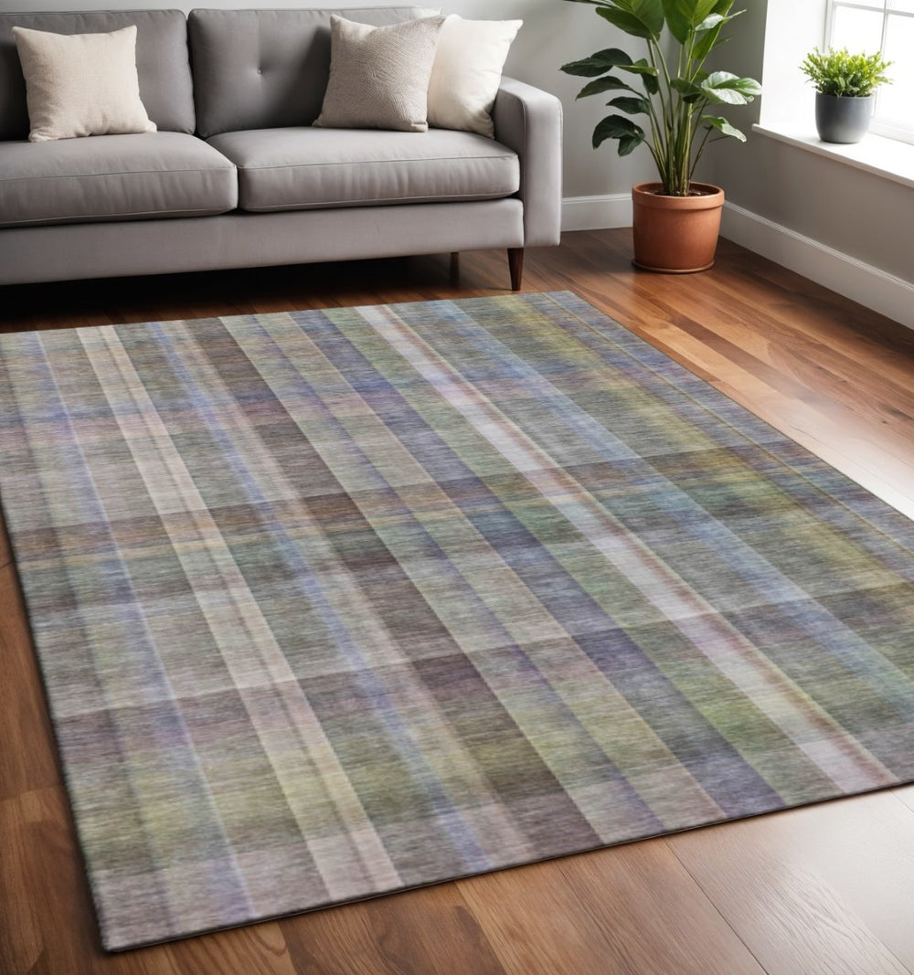 HomeRoots 5' X 8' Pewter and Purple Plaid Area Rug – Stylish, Durable, Stain-Resistant, UV-Protected Design! 648024