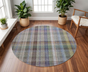 HomeRoots 8' Stylish Pewter & Purple Plaid Washable Round Rug - UV Protected, Durable, & Easy to Clean! 648025