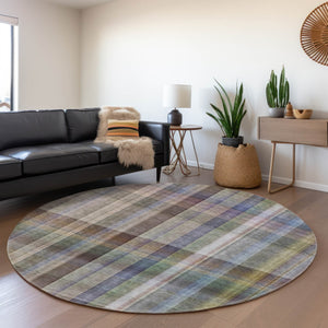 HomeRoots 8' Stylish Pewter & Purple Plaid Washable Round Rug - UV Protected, Durable, & Easy to Clean! 648025