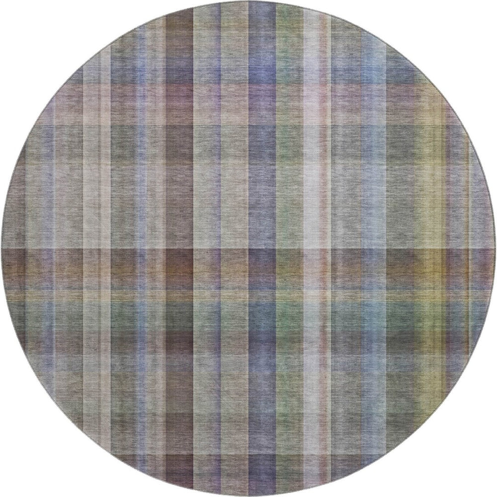 HomeRoots 8' Stylish Pewter & Purple Plaid Washable Round Rug - UV Protected, Durable, & Easy to Clean! 648025