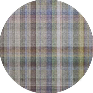 HomeRoots 8' Stylish Pewter & Purple Plaid Washable Round Rug - UV Protected, Durable, & Easy to Clean! 648025