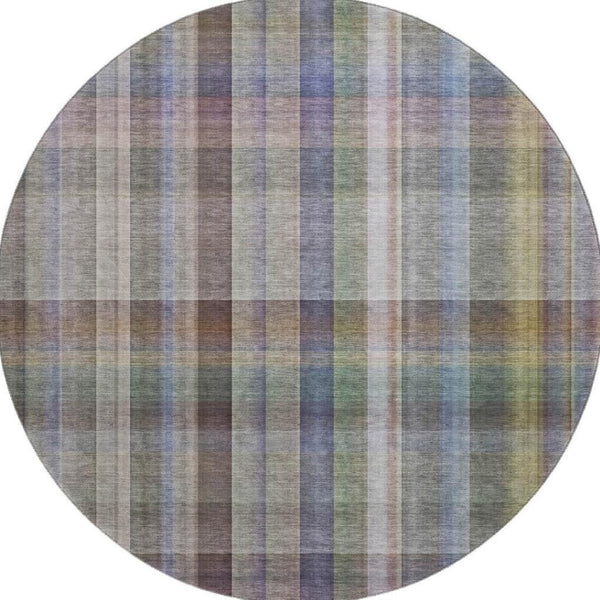 HomeRoots 8' Stylish Pewter & Purple Plaid Washable Round Rug - UV Protected, Durable, & Easy to Clean! 648025