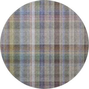 HomeRoots 8' Stylish Pewter & Purple Plaid Washable Round Rug - UV Protected, Durable, & Easy to Clean! 648025