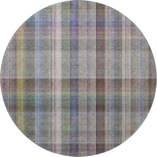 HomeRoots 8' Stylish Pewter & Purple Plaid Washable Round Rug - UV Protected, Durable, & Easy to Clean! 648025