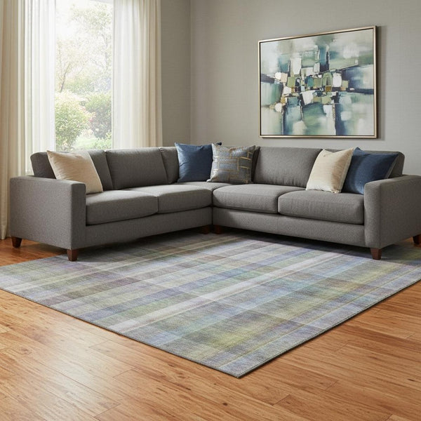 HomeRoots 8' X 10' Washable Pewter & Purple Plaid Area Rug with UV Protection for Family Rooms & Play Areas 648026
