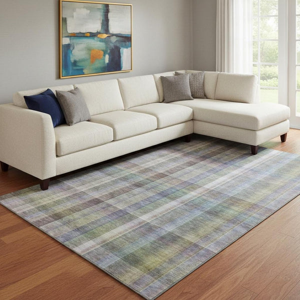 HomeRoots 9' X 12' Stylish Pewter & Purple Plaid Washable Area Rug - Durable, UV Protected & Easy Care 648027