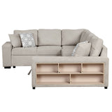 English Elm 109" U-Shaped Sectional Sofa Pull-Out Sofa Bed With Two Usb Ports, A Storage Chaise Lounge and Four Back Pillows For Living Room, Beige