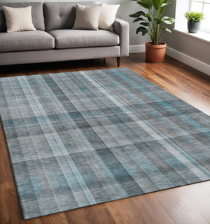HomeRoots 5' X 8' Teal And Ivory Plaid Area Rug – Durable, Stain-Resistant, UV Protected, Perfect for Any Room! 648030