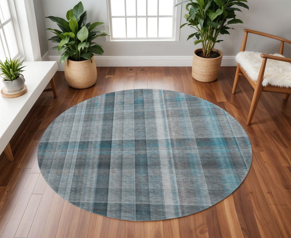 HomeRoots 8' Teal And Ivory Plaid Washable Round Rug - Durable, Stain Resistant, UV Protected for Family Spaces 648031