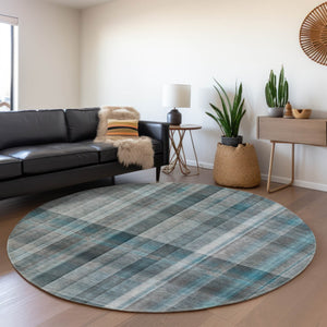 HomeRoots 8' Teal And Ivory Plaid Washable Round Rug - Durable, Stain Resistant, UV Protected for Family Spaces 648031