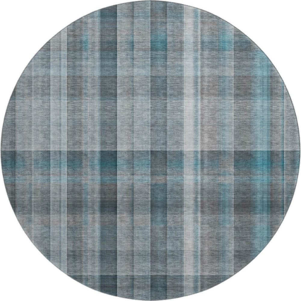 HomeRoots 8' Teal And Ivory Plaid Washable Round Rug - Durable, Stain Resistant, UV Protected for Family Spaces 648031