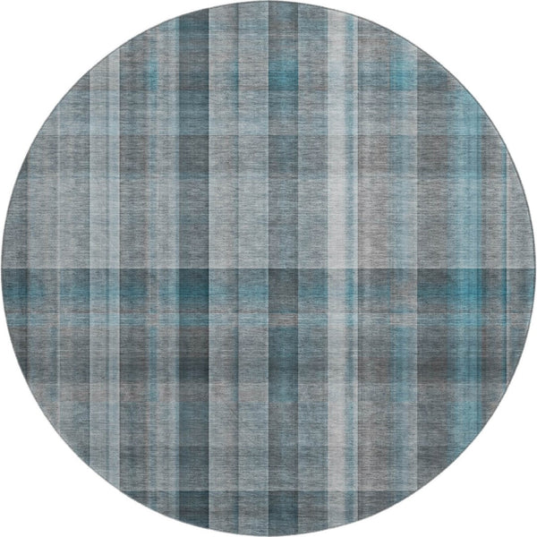 HomeRoots 8' Teal And Ivory Plaid Washable Round Rug - Durable, Stain Resistant, UV Protected for Family Spaces 648031
