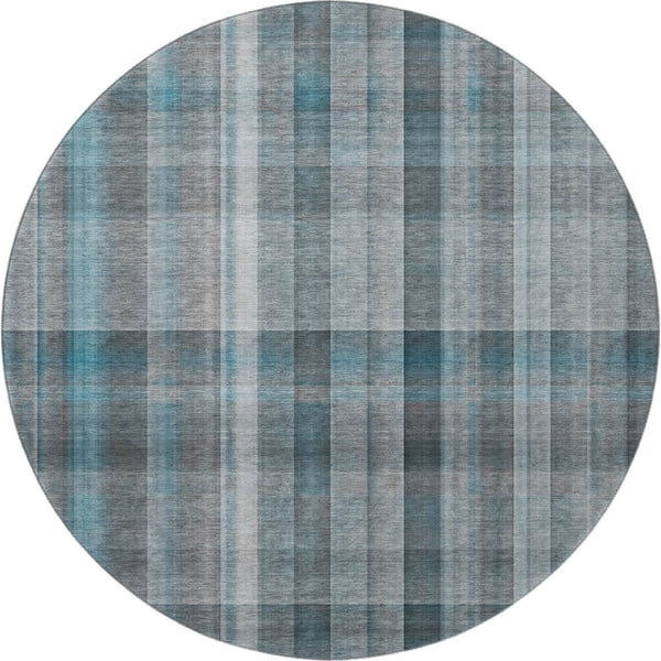 HomeRoots 8' Teal And Ivory Plaid Washable Round Rug - Durable, Stain Resistant, UV Protected for Family Spaces 648031