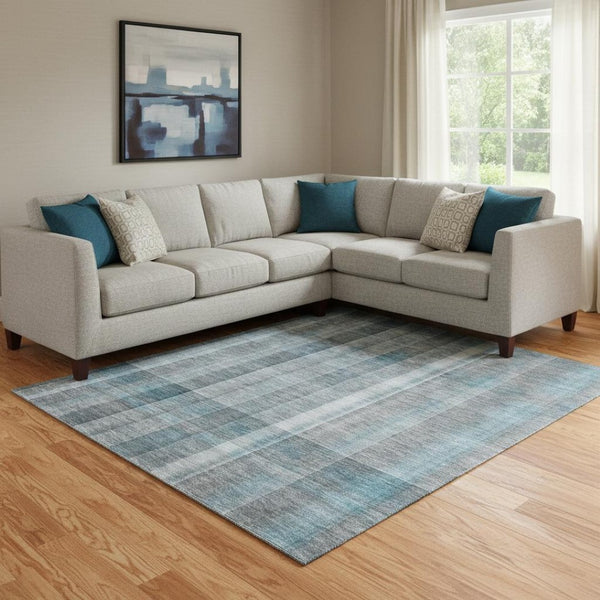 HomeRoots 8' X 10' Teal and Ivory Plaid Washable Area Rug - UV Protected, Stain Resistant, Easy-Care Design! 648032