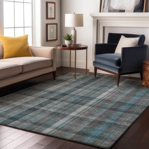 HomeRoots 8' X 10' Teal and Ivory Plaid Washable Area Rug - UV Protected, Stain Resistant, Easy-Care Design! 648032
