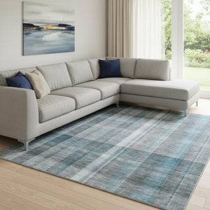 HomeRoots 9' X 12' Teal and Ivory Plaid Area Rug - Durable, Stain-Resistant, UV Protected for Any Space! 648033