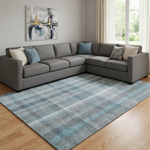 HomeRoots 10' Teal and Ivory Plaid Washable Area Rug – Durable, UV-Protected, Stain-Resistant for Family Spaces 648034