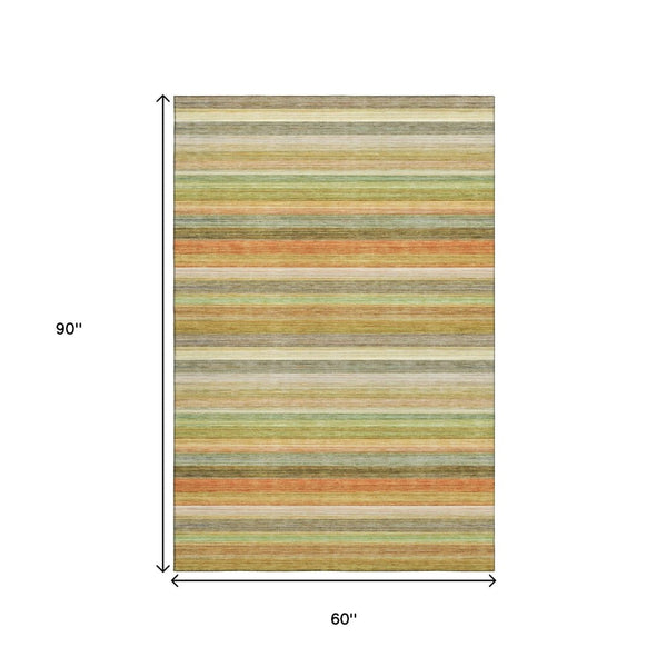 HomeRoots 5' Striped Area Rug in Fern Green, Orange & Beige - Washable, UV Protected, Perfect for High-Traffic Spaces 648036