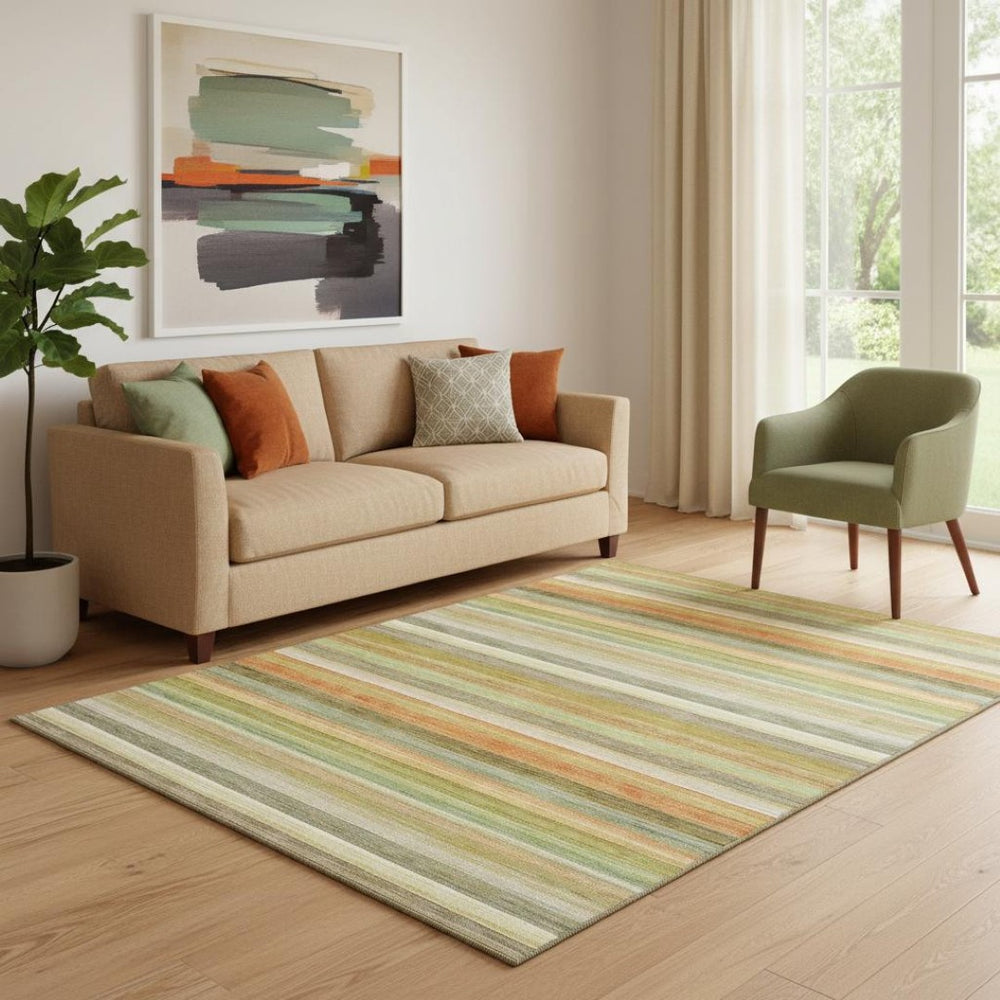HomeRoots 5' Striped Area Rug in Fern Green, Orange & Beige - Washable, UV Protected, Perfect for High-Traffic Spaces 648036