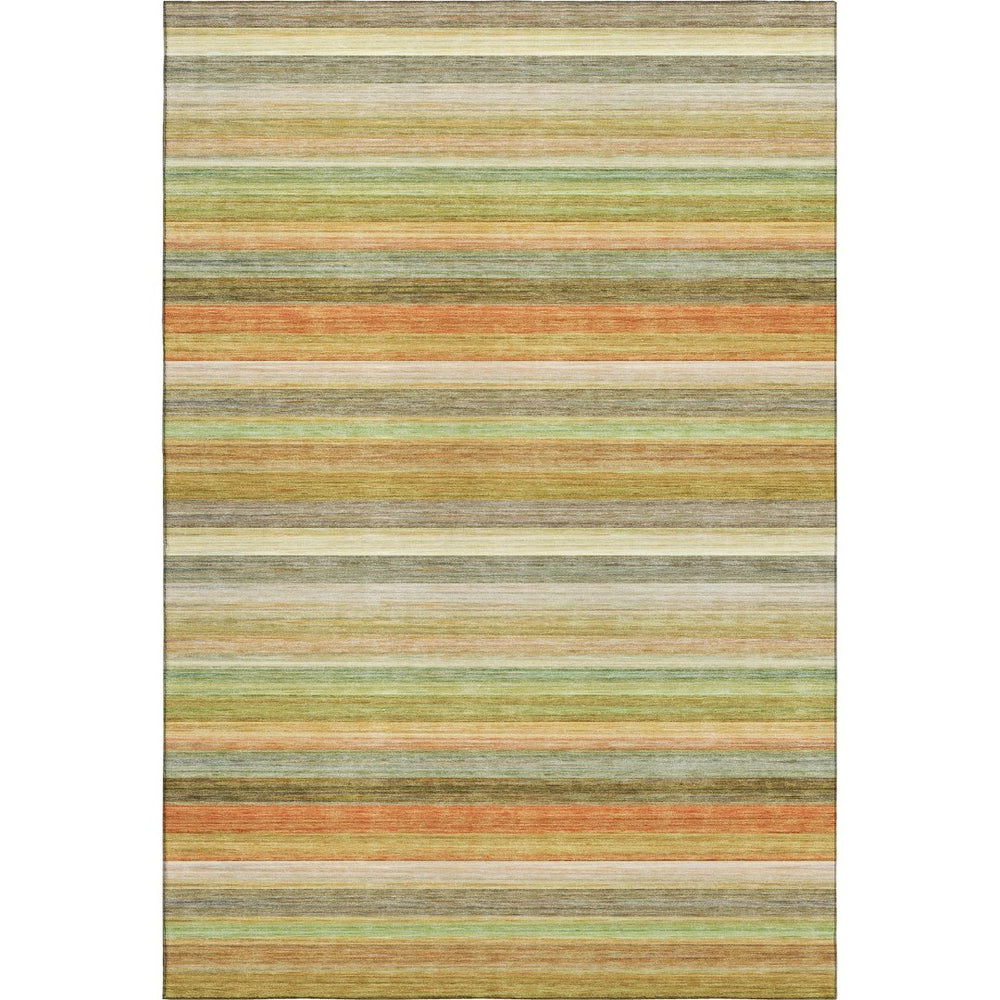 HomeRoots 5' Striped Area Rug in Fern Green, Orange & Beige - Washable, UV Protected, Perfect for High-Traffic Spaces 648036