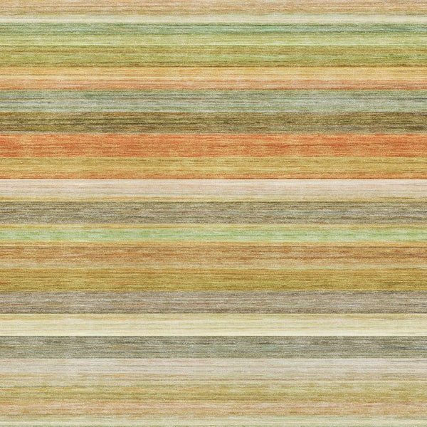 HomeRoots 5' Striped Area Rug in Fern Green, Orange & Beige - Washable, UV Protected, Perfect for High-Traffic Spaces 648036