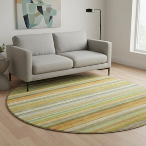 HomeRoots 8' Striped Washable Round Rug in Fern Green, Orange, and Beige - UV Protected for Indoor/Outdoor Use 648037