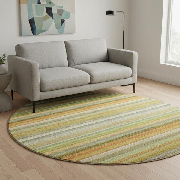 HomeRoots 8' Striped Washable Round Rug in Fern Green, Orange, and Beige - UV Protected for Indoor/Outdoor Use 648037