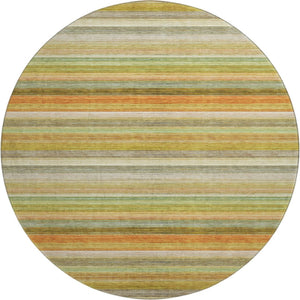 HomeRoots 8' Striped Washable Round Rug in Fern Green, Orange, and Beige - UV Protected for Indoor/Outdoor Use 648037