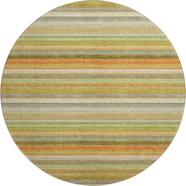 HomeRoots 8' Striped Washable Round Rug in Fern Green, Orange, and Beige - UV Protected for Indoor/Outdoor Use 648037