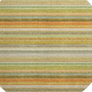 HomeRoots 8' Striped Washable Round Rug in Fern Green, Orange, and Beige - UV Protected for Indoor/Outdoor Use 648037