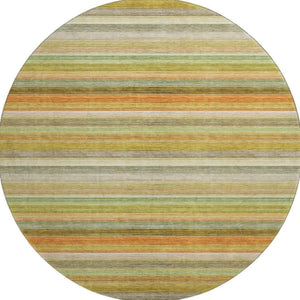 HomeRoots 8' Striped Washable Round Rug in Fern Green, Orange, and Beige - UV Protected for Indoor/Outdoor Use 648037